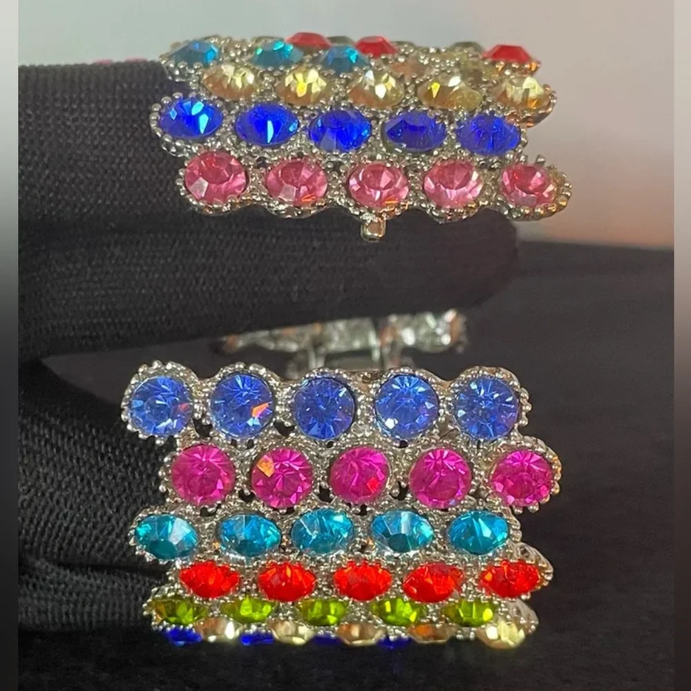 Wide Spring-Hinged Rhinestone Bangle Bracelet Muliti-Color Bling Colorful